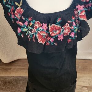 Floral Embroidered Black Women's Top
